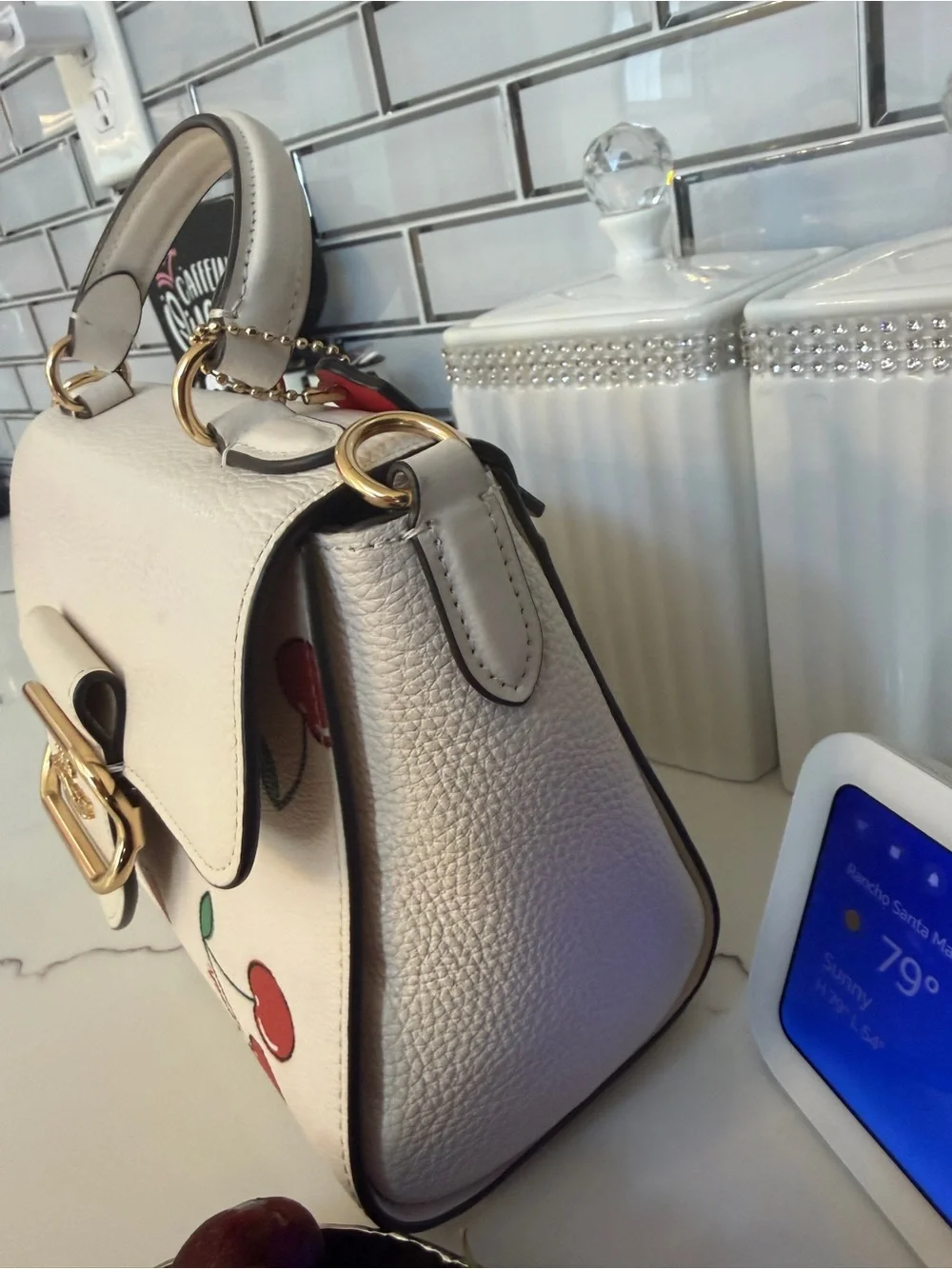 Coach White Leather Top Handle Bag with Cherry Print